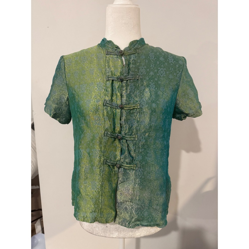 Dosa Bergdorf Goodman Metallic Silk Brocade Frog Button Mandarin Blouse Green